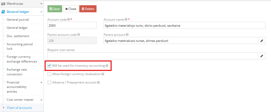 Chart of accounts 2060 interim account settings